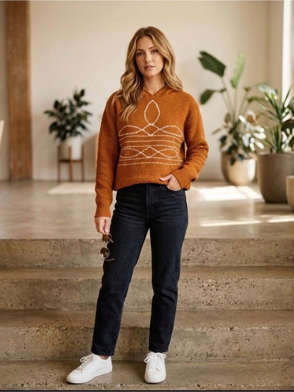 Rowdy Crowd Orange Boot Stitch Knit Hoodie Sweater Size S